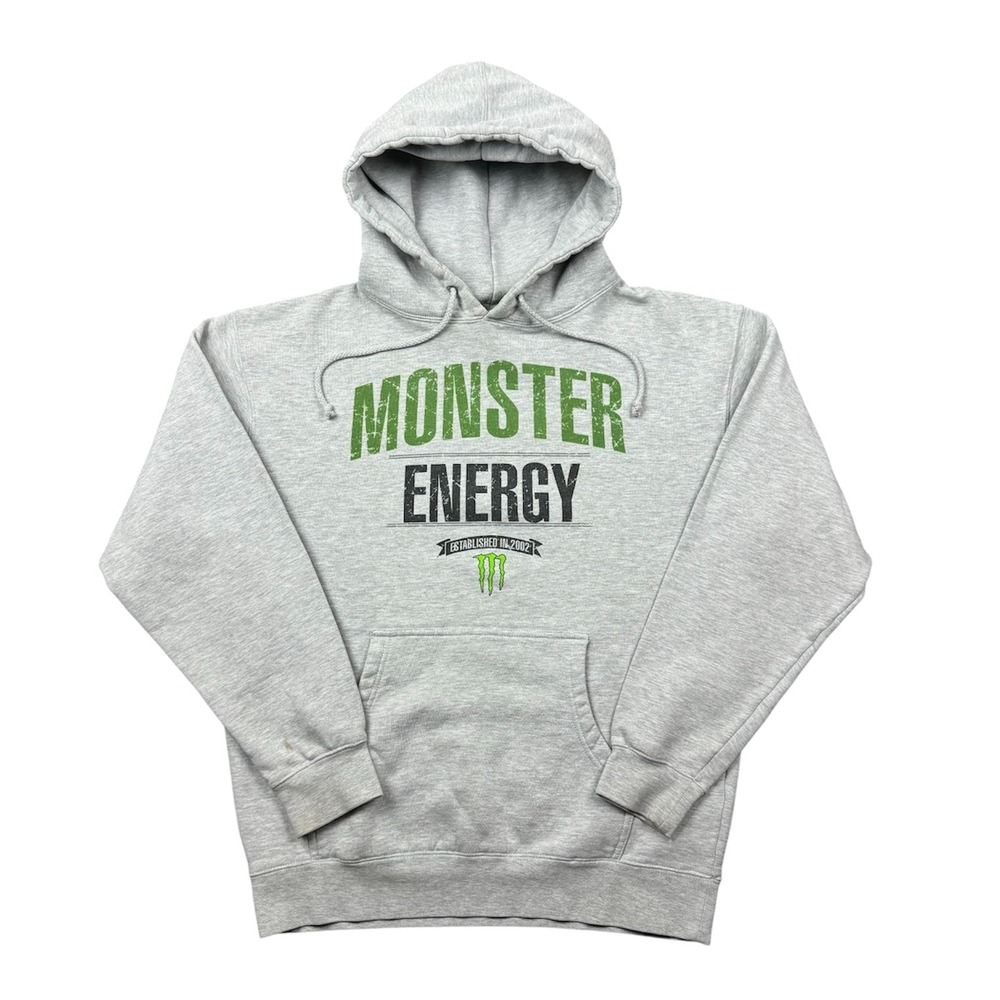 Monster Energy Hoodie Men Medium Gray Pullover Sweatshirt Y2K Moto Skate Grunge